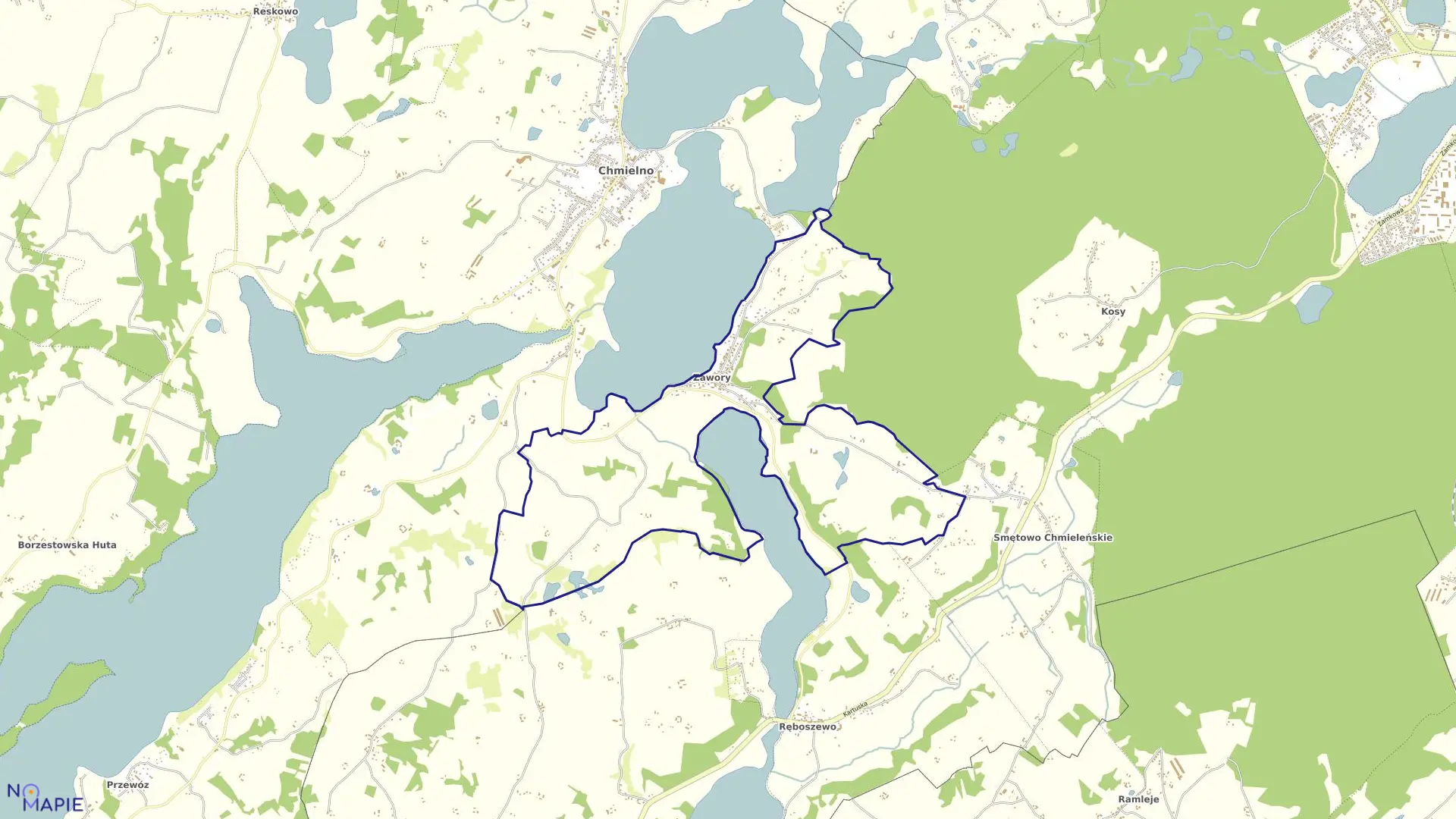 Mapa obrębu Zawory w gminie Chmielno